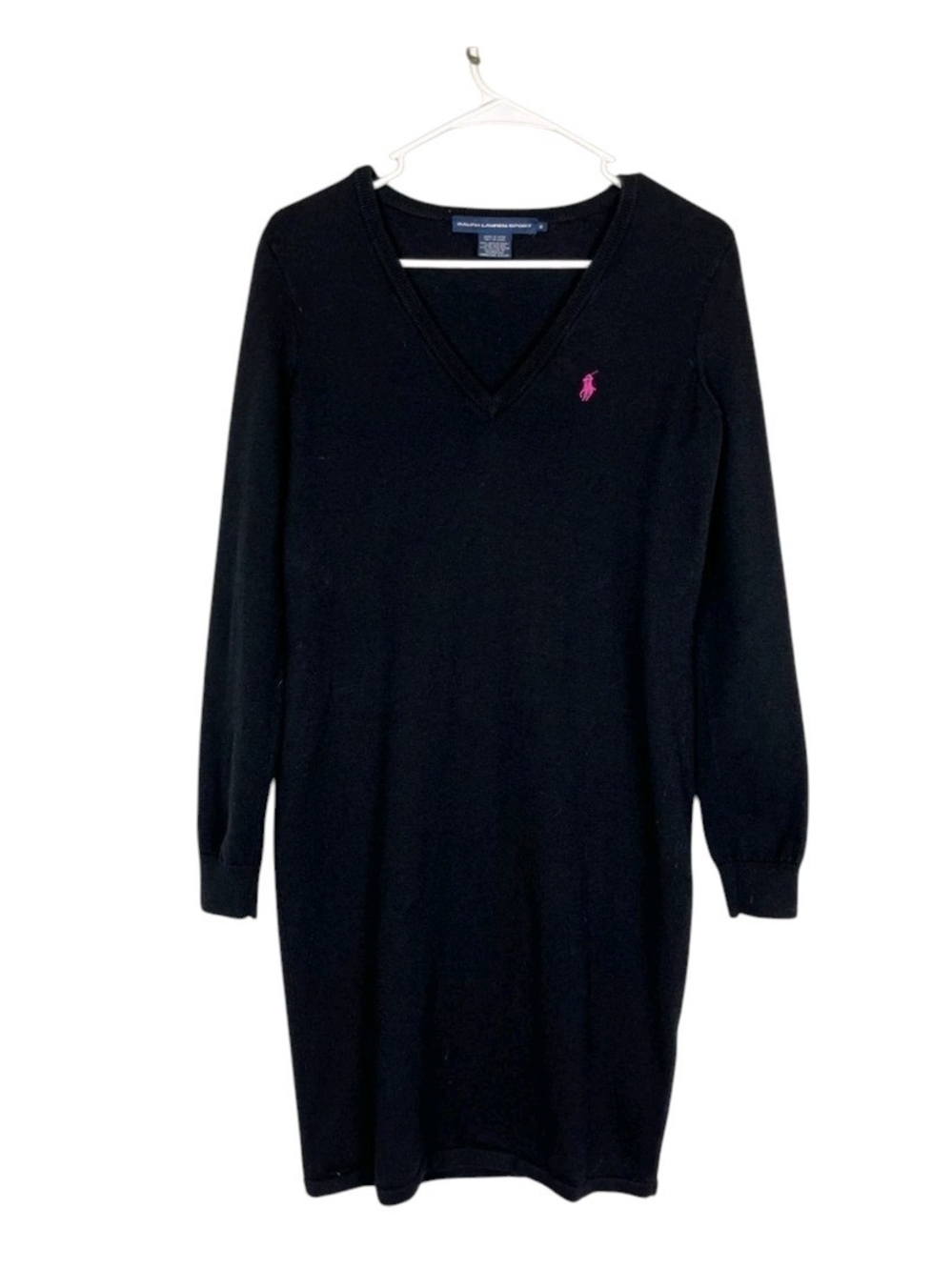 Polo Ralph Lauren V-Neck Wool Blend Sweater Dress So Soft Black With Pink Pony